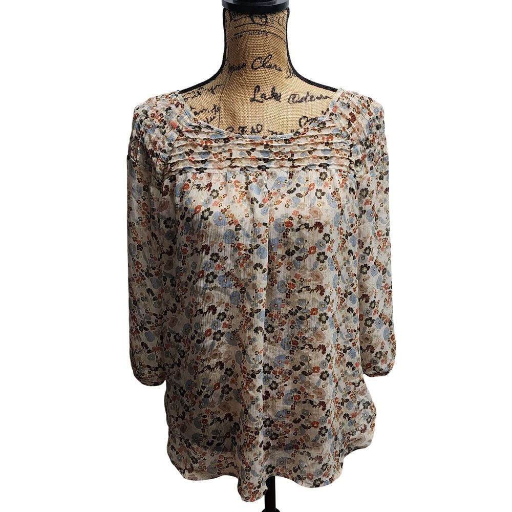 Lauren Conrad Floral Pleated Sheer Blouse Women's Size L Long Sleeve Top‎